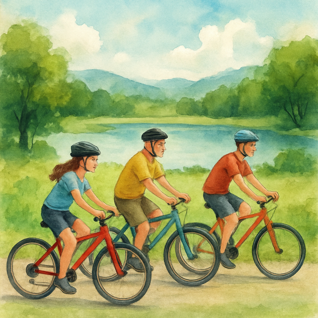 Three cyclists are riding over a path through green area with a lake.